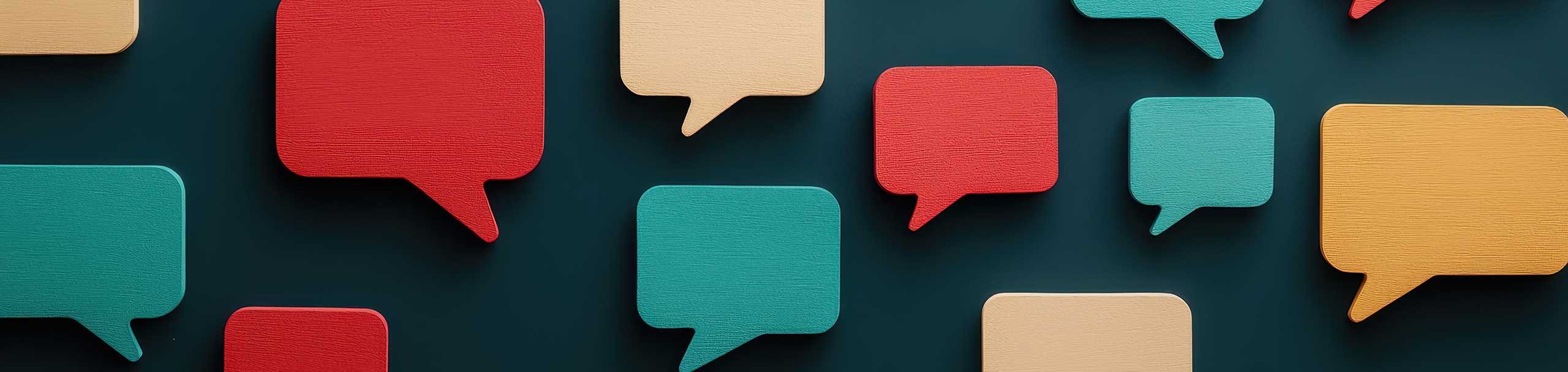 graphic of speech bubbles in bright colours on a dark teal background