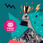 Illustrated graphic of hand holding trophy aloft, FSQS registered logo